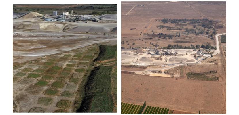 Aerial view of the experimental plan showing the different soil mixtures in the Ménudelle quarry, south-east France). (@Chenot, IMBE).