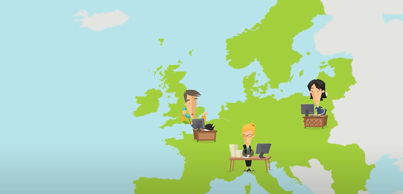 Drawing of European map with people sitting at desk cooperating