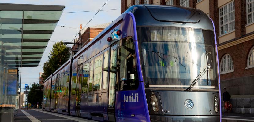 Modern tram is an integral part of Tampere logistics system. Tram running in the street of Tampere