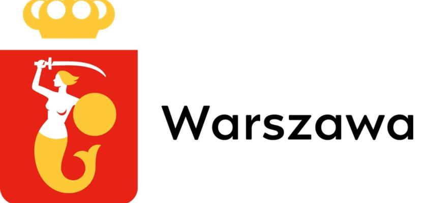 on the left, the coat of arms of the city of Warsaw on a red background, a mermaid holding a sword in her right hand and a shield in her left. on the right side, the inscription Warszawa