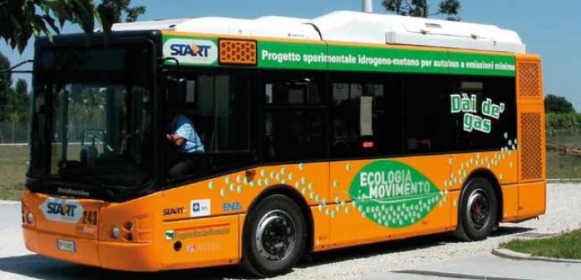 orange bus for public transport - first bus fuelled with hydrogen and methane blend