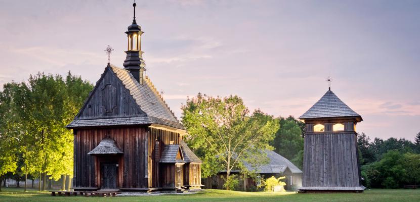 In the picture I can see the wooden church from Rogów founded in 1763 and Bell tower from Kazmierza Wielka - copy of the most valuable bell from Kazimierza dated 1776