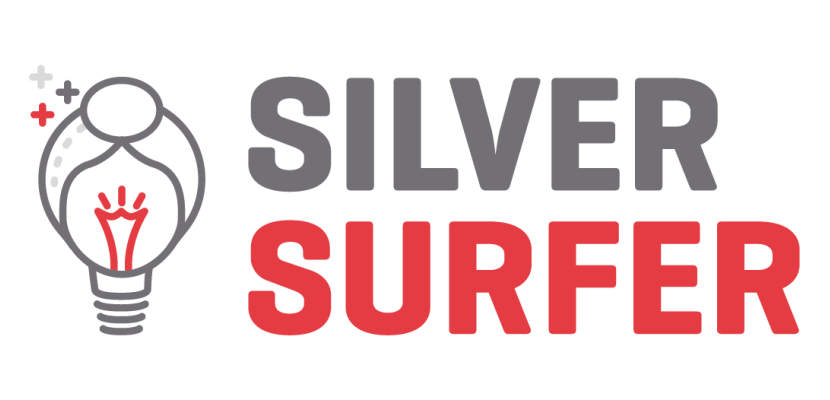 Pictogram of a lighbulb with the words "Silver Surfer" in grey and red on the right 