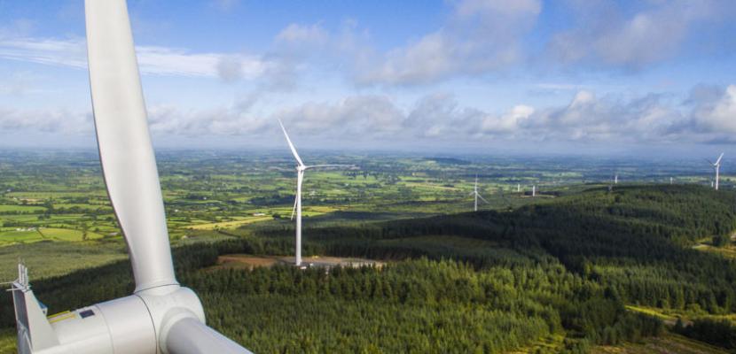 an arieal picture looking at wind turbines and a forest