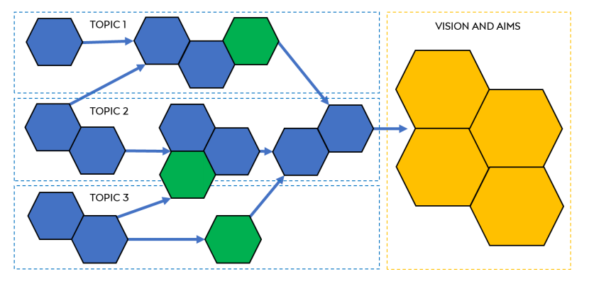 A simplified visual representation of transition pathways as hexagons in different colours, leading to vision and aims.