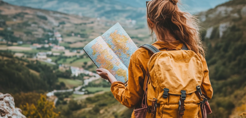 Woman with map looking out over landscape