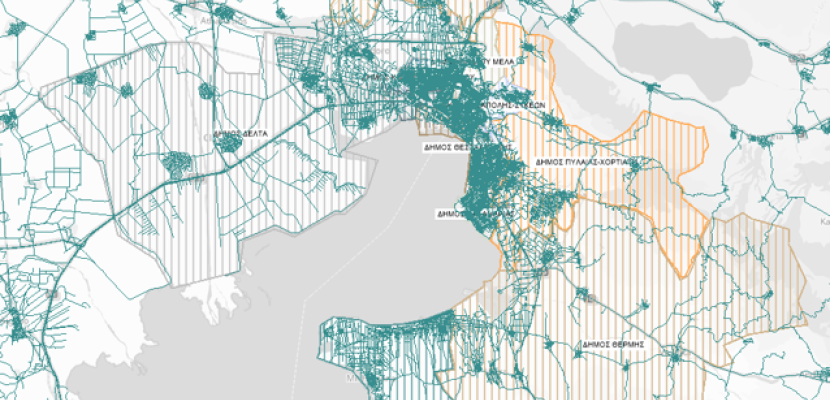 Map displaying the transport network of Thessaloniki agglomeration, as this modelled CERTH's 4-step macroscopic model