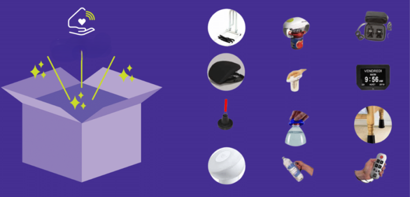 Assistive devices An open box on a purple background. To the right, circular icons display various gadgets, including a power bank, jar opener, digital clock, remote control, and more assistive devices.