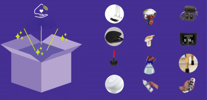 An open box on a purple background. To the right, circular icons display various gadgets, including a power bank, jar opener, digital clock, remote control, and more assistive devices.