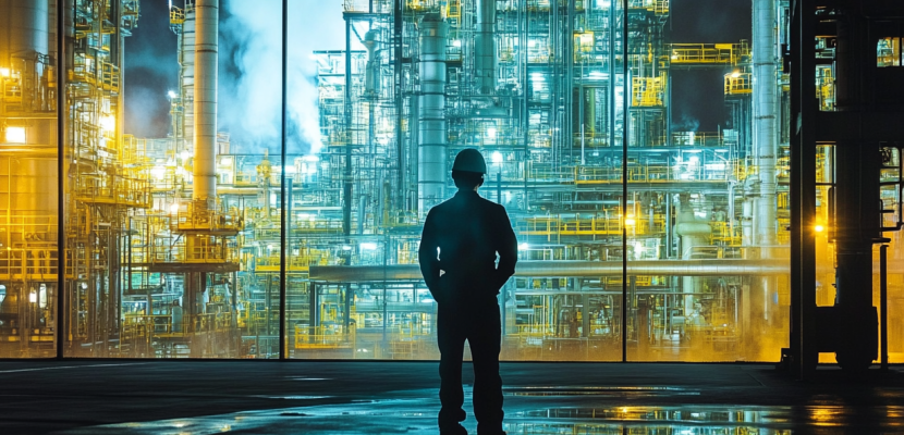 person looking to a construction site during night