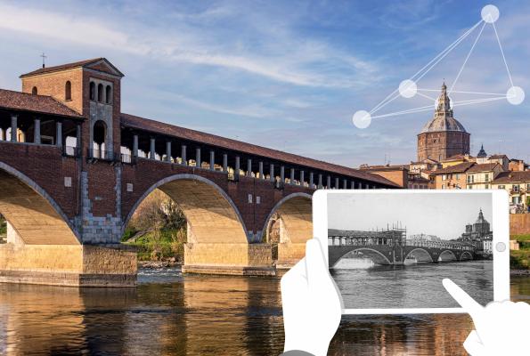 Image of the CHARME "digital Cultural Heritage Activities acRoss Multiple European regions" project co-financed by the European Union – Interreg Europe Programme. It shows the "Covered Bridge" (Ponte Coperto) of Pavia (lead city) and the same bridge in a vintage photo reproduced on a tablet.