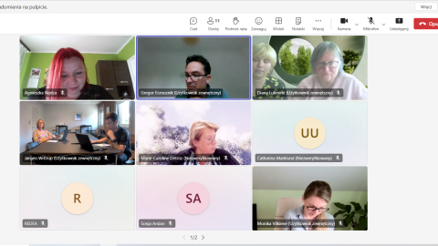 Screenshot of an online meeting with project partners from various organizations, featuring participants either on video or represented by initials. The meeting shows active collaboration and discussion, with a mix of attendees engaging in the session.