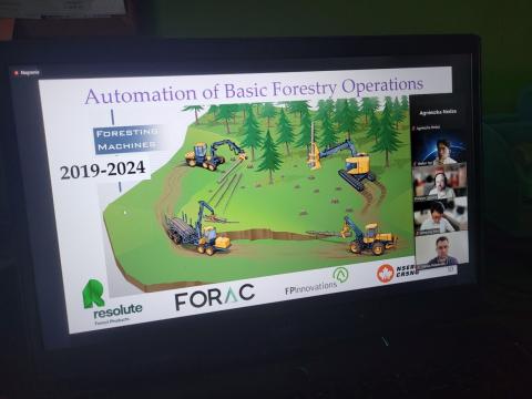 A screenshot of a Zoom meeting showing a presentation slide titled "Automation of Basic Forestry Operations." The slide includes an illustration of various forestry machines operating in a forest. The participant panel on the right shows attendees including Agnieszka Nedza, Walter Yen, Philippe Giguère, Heesung Woo, and Matías Mattamala.