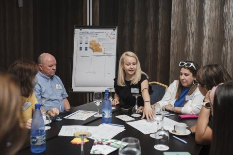 Group of people sitting around a table and working on together