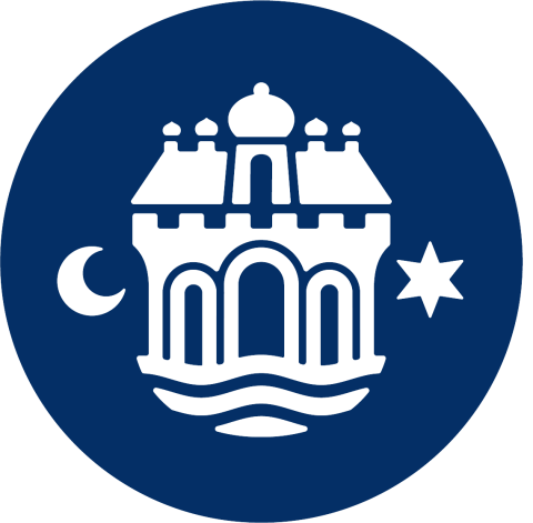 the logo of Aalborg Municipality consisting of a castle flanked by a half moon and a star