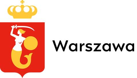 on the left, the coat of arms of the city of Warsaw on a red background, a mermaid holding a sword in her right hand and a shield in her left. on the right side, the inscription Warszawa