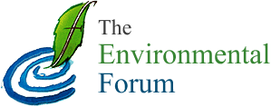 Blue swirl, green leaf, Text: The Environmental Forum 