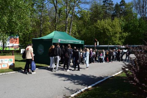 People participating outdoor event and walking beside tents in a yard.