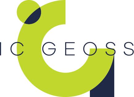 The image shows the logo for Izobraževalni Center Geoss, which features the name in bold, modern typography. The text "IC GEOSS" is written in clean, dark-gray font. Next to the text is a stylized "C" shape in green with a small dark-blue circle at the top, representing the center's visual identity.