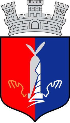 Coat of arms featuring a red and blue shield, divided vertically, with a white and grey tower, topped by a stone castle crown.