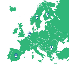 Green map of Europe, where ACTIVE ID project partners are pointed