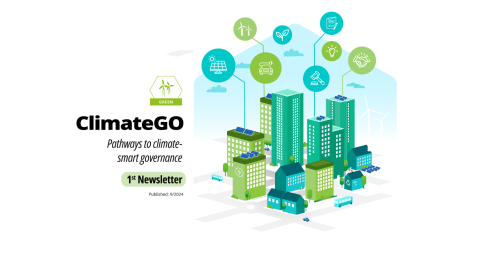 A city with buildings and icons related to climate-smart governance and text 1st newsletter