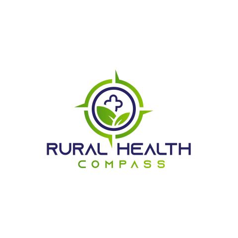 A logo depicting a green compass, within the compass is a green field and a blue medical cross.  Under the image are the words Rural Health Compass.