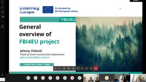 A screenshot of an online meeting for the FBI4EU project. The slide being presented is titled "General overview of FBI4EU project" by Jelena Vidović, Head of Smart Communities Department. The slide includes the Interreg Europe and European Union logos, with a background image of a forest. Below the slide, participant video thumbnails and names are visible.