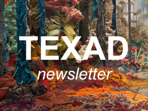 TEXAD image (a forest composed of textiles) as background. Text showing TEXAD newsletter