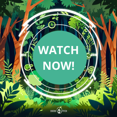 A vibrant digital graphic with a lush, green forest background. In the center, a circular neon frame with eco-friendly icons surrounds bold text reading 'WATCH NOW!' in white. The overall design evokes a sense of nature and sustainability, inviting viewers to click and watch a video.