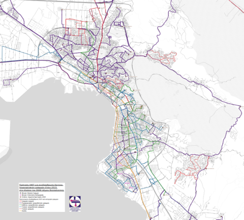 Map displaying the restructuring of the public transport network of Thessaloniki's agglomeration, as this proposed for the Sustainable Urban Mobility Plan (SUMP) of Thessaloniki's Municipality