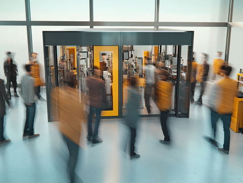 people walking in front of a room