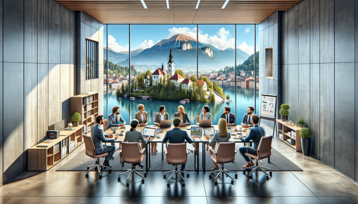 A group of professionals seated around a conference table in a modern meeting room with large windows. The windows offer a stunning view of a picturesque town with a church on an island, surrounded by a lake and mountains. The participants are engaged in discussion, with laptops and documents in front of them, and a flip chart with graphs and charts visible in the room.