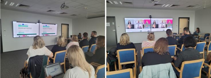 Group of people in a room, during zoom meeting