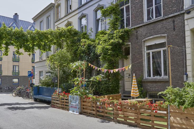 Street in Ghent with facade garden and garlands