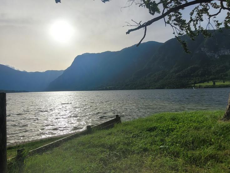 A serene lakeside view in Bohinj, Slovenia, with the sun shining over the mountains and reflecting on the calm water, surrounded by lush green grass and trees.