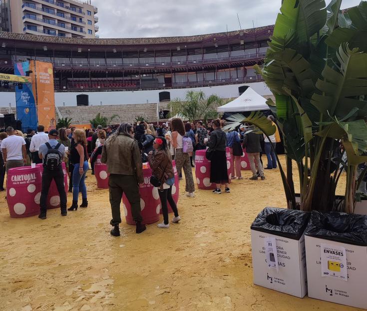 Waste separation containers at an event in the bullring in Malaga