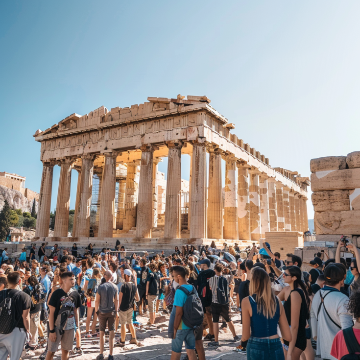 A lot of tourists standing in front of the acropolis