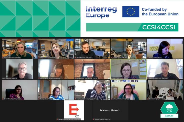 On the upper part of the picture we see the logo of the project, it consists of Interreg Europe the European flag and it also says "Co-funded by the EU" and the name of the project "CCSI4CCSI". On the lower part of the image we see a screenshot from a video call with all participants of the project.