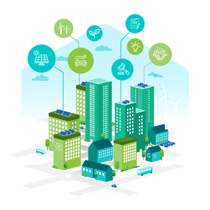 A city with buildings and icons related to climate-smart governance