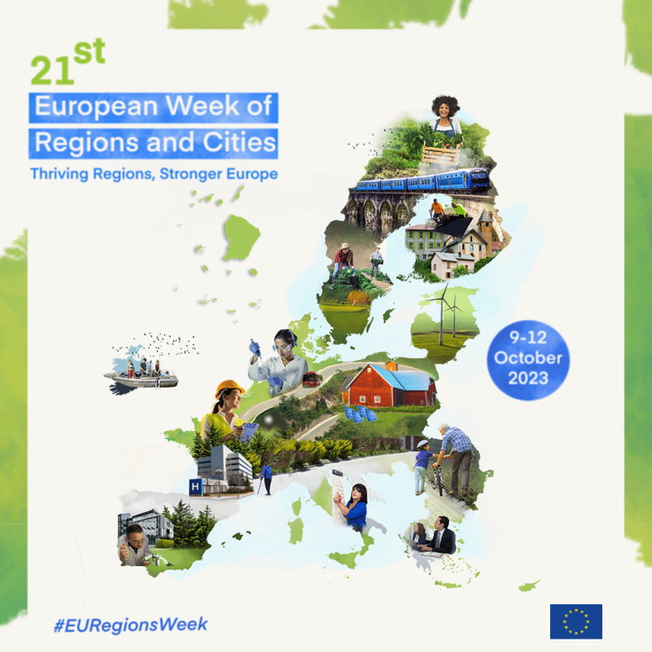 21st edition of EURegionsWeek logo with pictures of people displayed over a map of Europe