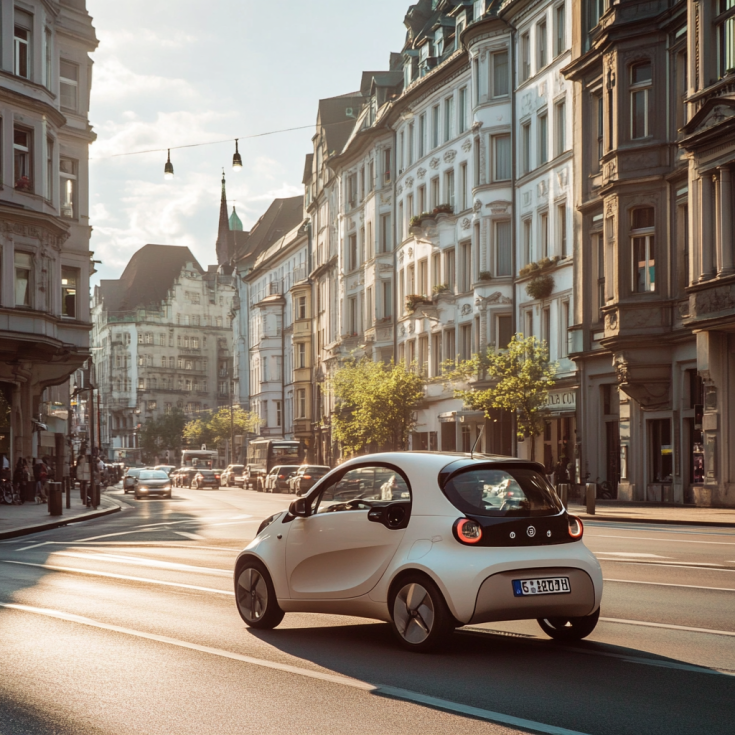 Electric vehicle driving through city