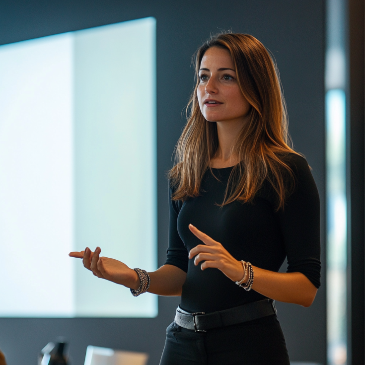 Female presenting at event