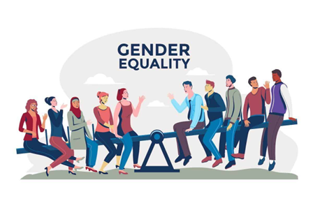 People sitting on a swing with the text gender equality in the background.