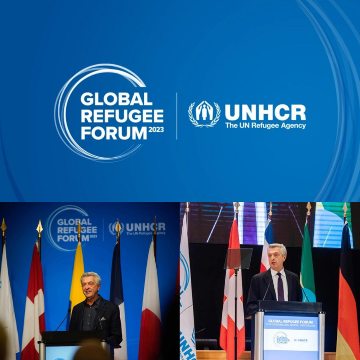 The Global Refugee Forum logo and below are two photos from the event with a speaker from the rostrum.