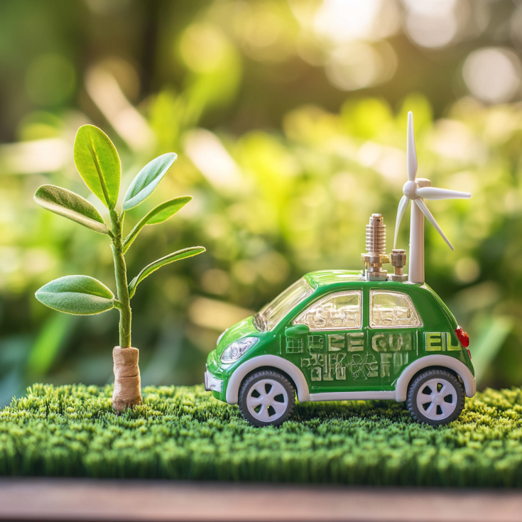 Green hydrogen displayed as miniature car on grass field with wind turbine