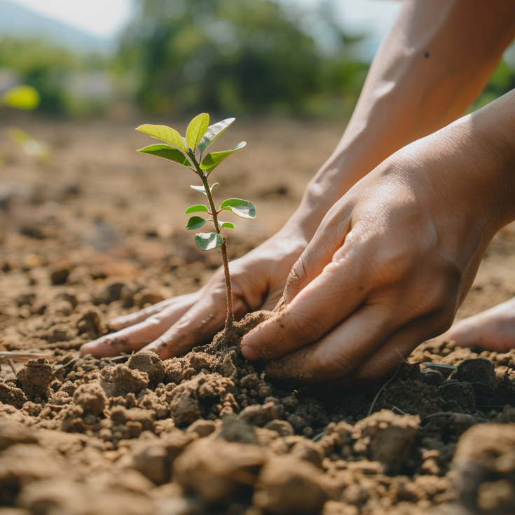 Hands of a person planting a small plant in dry ground