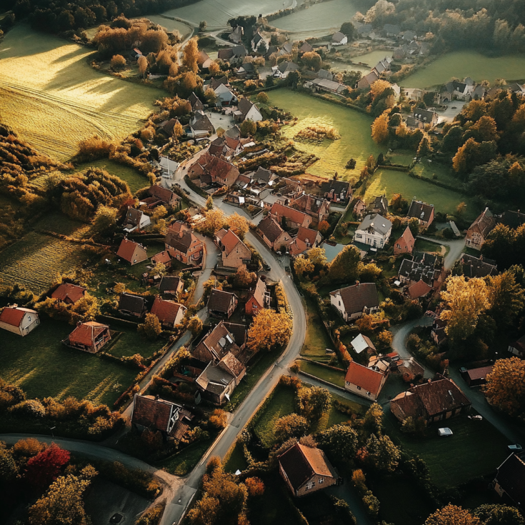 Helicopter view of a village in Europe in a rural area