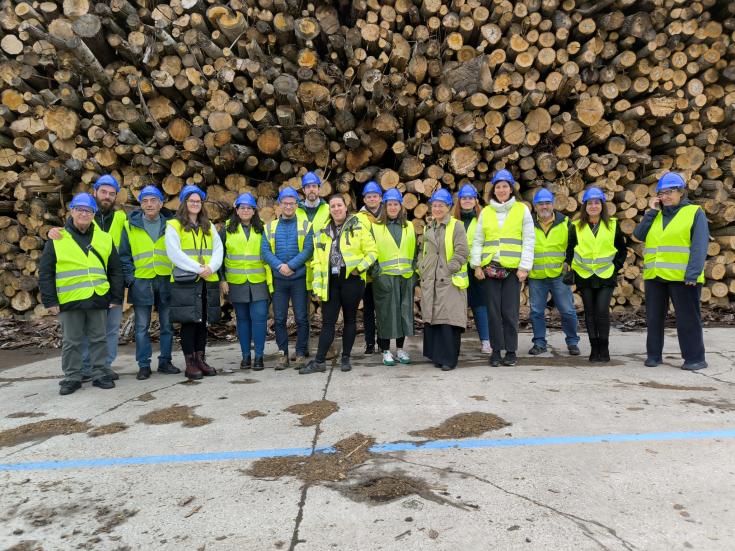 3F Green Model Partners pose in front of wood logs at Falco, a particle board manufacturing facility. 