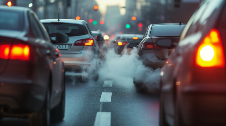 a road with multiple cars, with the emission gasses coming out of the cars